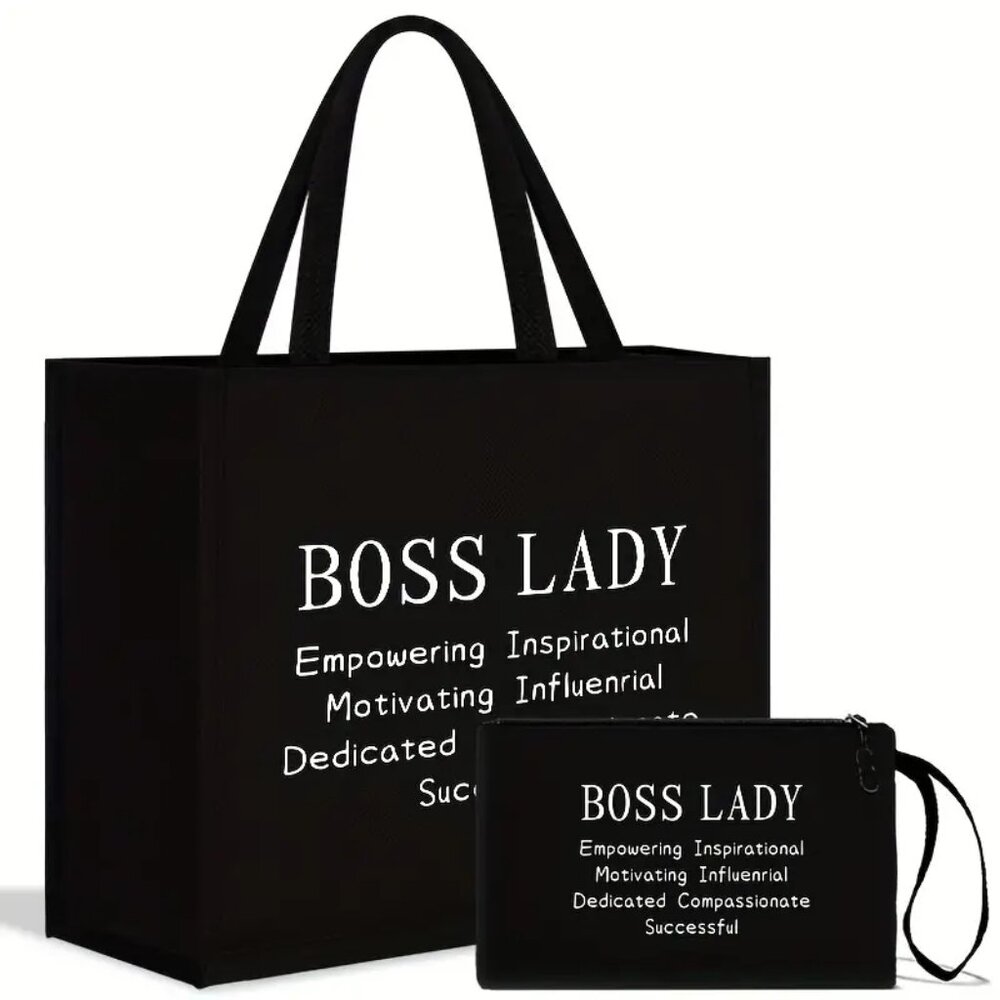 NWT 2pc Black Tote & Makeup/Pen Bag with Boss Lady Text Set